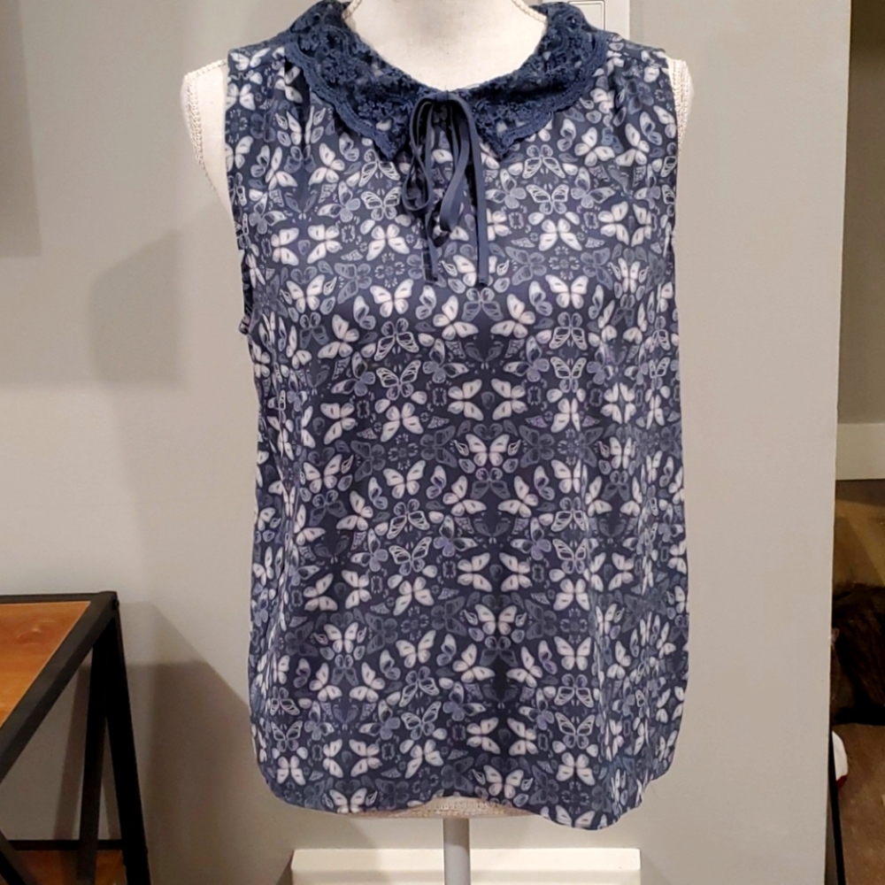 Lauren Conrad blue butterfly sleeveless blouse
